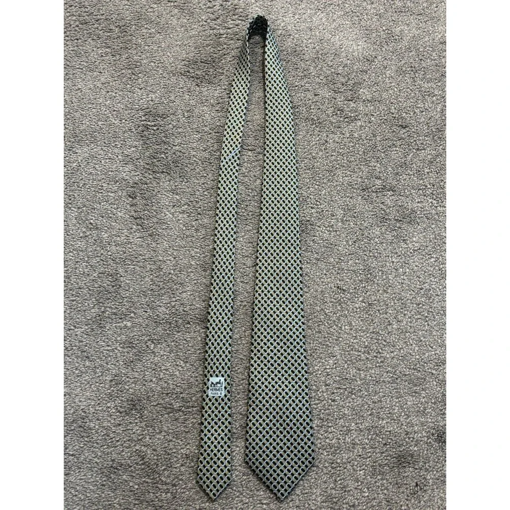 Hermes Silk Tie Yellow Blue‎ Geometric Pattern 7760